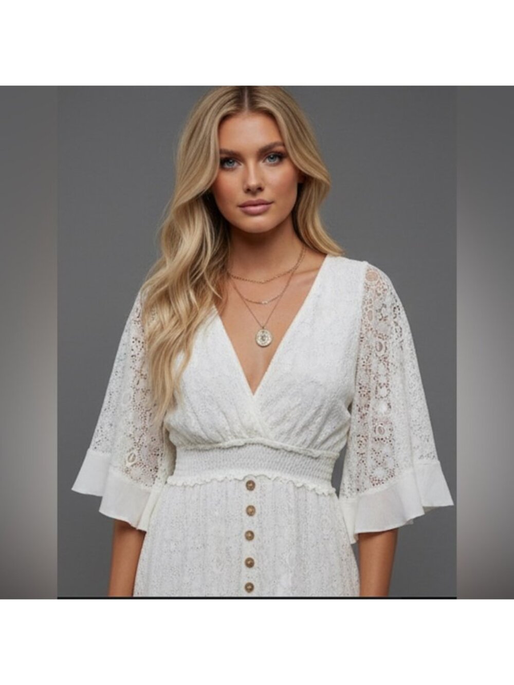 Boho Lace Batwing Sleeve Shirred Waist Dress - Picture 2 of 8
